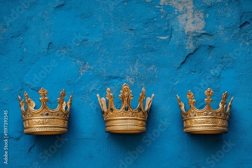 Golden crowns arranged elegantly on a blue textured background for decor or d...