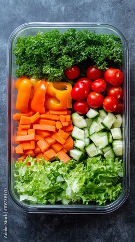 Fresh vegetables arranged in an organized manner on a black tray for a health...