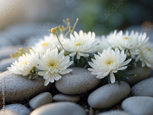 Elegant White Chrysanthemum Flowers on Smooth Stones in Tranquil Outdoor Setting