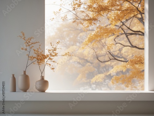 Elegant home decor with vases and autumn scenery through bright window photo