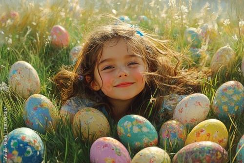 Joyful child playing in the grass surrounded by colorful Easter eggs during a...