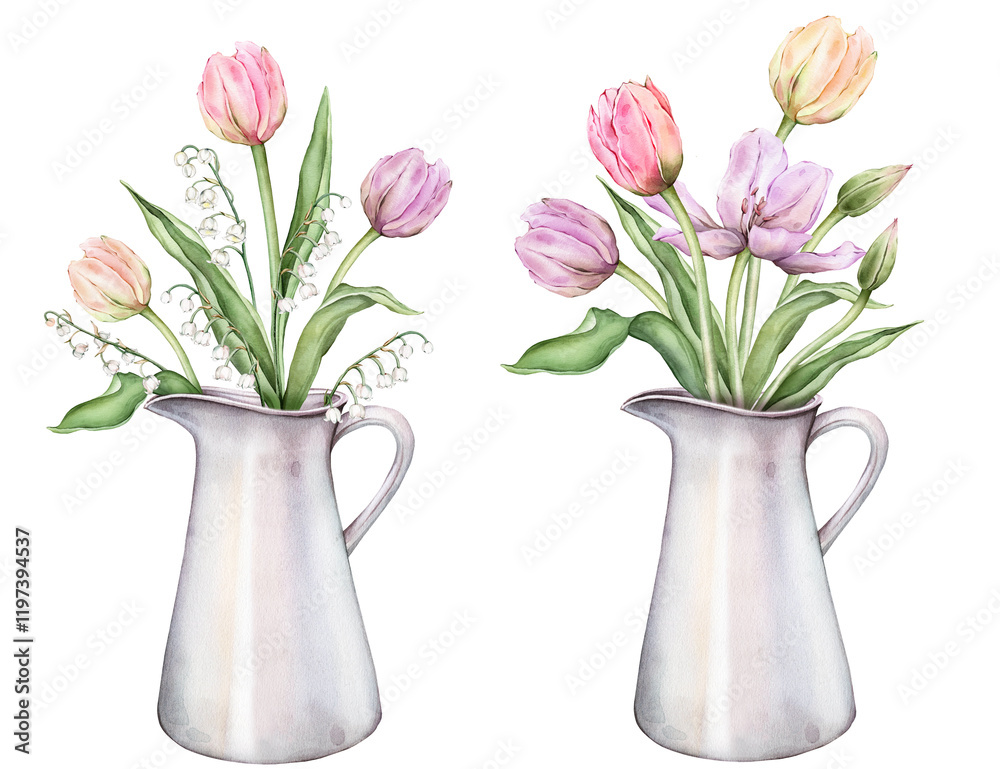 custom made wallpaper toronto digitalPastel multi-colored bud bouquet Tulips and lily of the valley in metal can watercolor illustration isolated on background. Hand drawn pink yellow purple flower for spring wedding design or card.