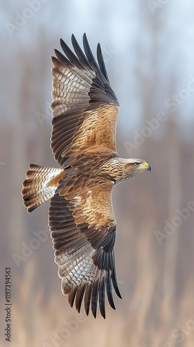 Eagle soaring, winter forest background, wildlife photography, nature