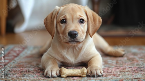 Adorable puppy playing with a chew toy on a cozy carpet inside a living room