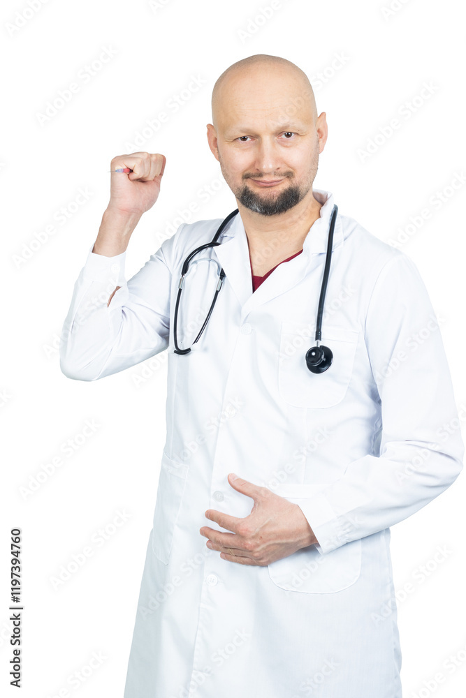 Smiling male doctor raising fist in gesture of confidence and motivation Smiling male doctor raising fist in gesture of confidence and motivation