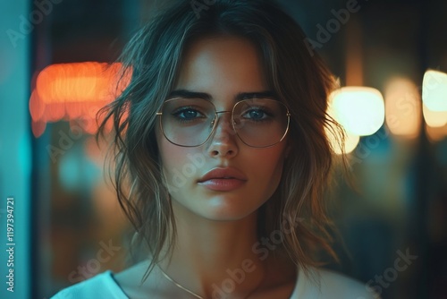 Young woman with glasses relaxing at home in soft light during the evening