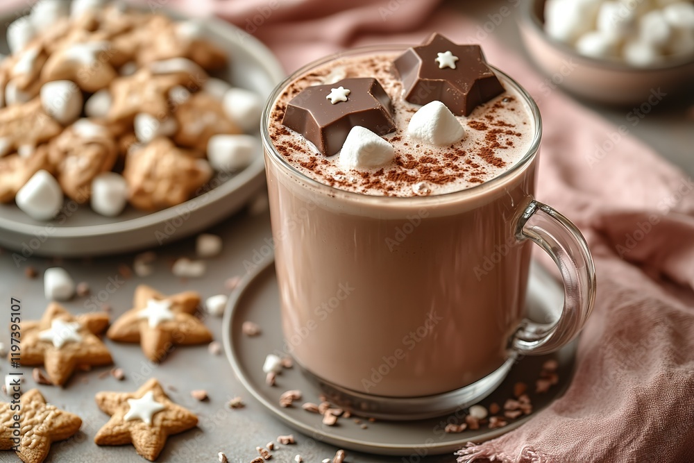 Warm cocoa drink topped with marshmallows and chocolate stars, served with star-shaped cookies. Perfect for a cozy winter day. Warm cocoa drink topped with marshmallows and chocolate stars, served with star-shaped cookies. Perfect for a cozy winter day.