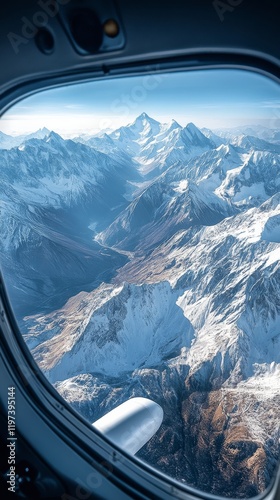 Breathtaking aerial view of a plane flying over majestic green mountains in t...