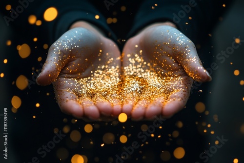 Hands holding sparkling golden glitter in a dreamy setting during sunlight