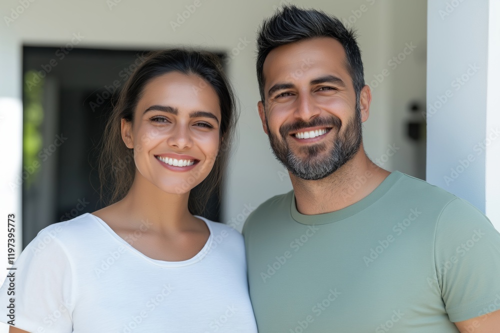 Obraz premium A man and woman are smiling for the camera. The man is wearing a green shirt and the woman is wearing a white shirt. They are standing next to a white wall