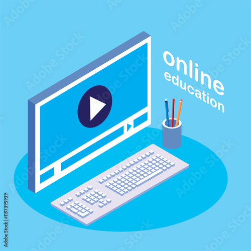 Isometric Vector Illustration of Online Education Concept Featuring a Computer Monitor with Video Player, Keyboard, and Pencil Holder for Virtual Learning and Remote Study