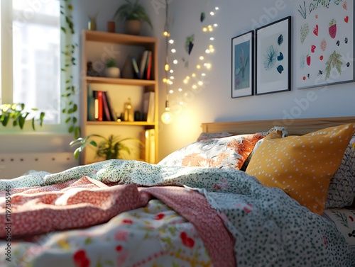 Cozy Bohemian Bedroom: Warm Lighting, Floral Bedding, and Serene Decor photo