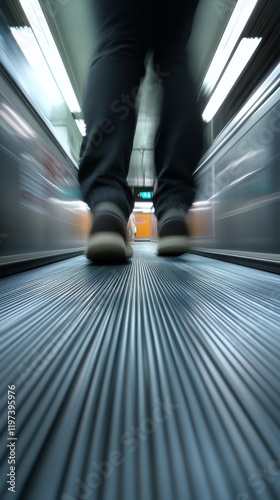 Individual walking on a moving walkway in a modern indoor space during daytime