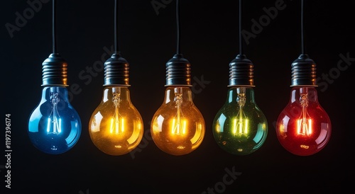 Colorful illuminated light bulbs hanging against a dark background showcasing...
