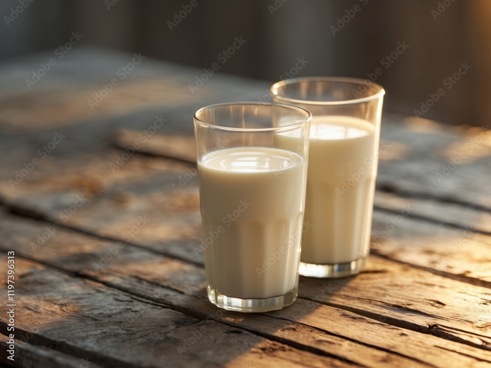 Fresh Milk Glasses on Wooden Table in Warm Light Fresh Milk Glasses on Wooden Table in Warm Light