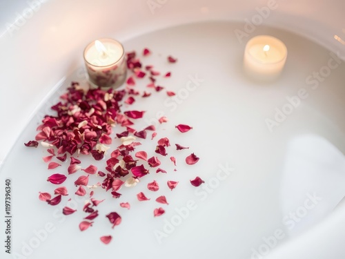 A delicate sprinkle of dried rose petals adds a touch of elegance to the bathwater as a soft candle flickers in the background, luxury, peaceful, rose petals photo