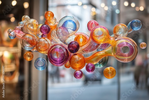 Hanging glass spheres illuminated with warm light create a stunning visual di...