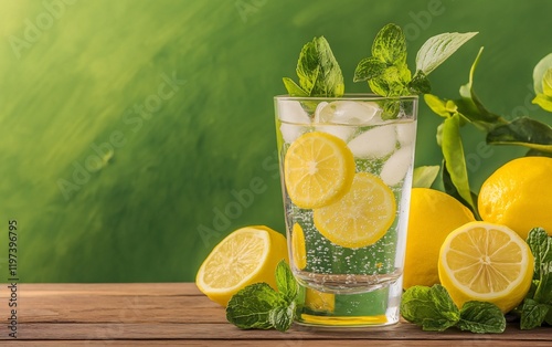 Refreshing Lemon Mint Iced Water Drink Glass photo