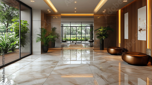 洗練された大理石フロアと観葉植物が調和するモダンな室内空間