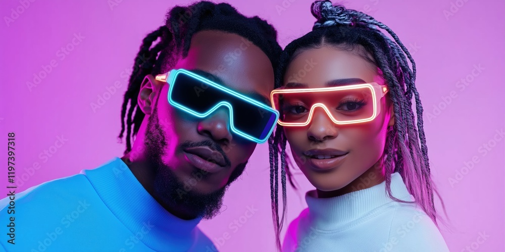 A man and a woman are wearing neon colored sunglasses. The man is wearing a blue shirt and the woman is wearing a white shirt. The sunglasses are glowing and the couple is posing for a photo A man and a woman are wearing neon colored sunglasses. The man is wearing a blue shirt and the woman is wearing a white shirt. The sunglasses are glowing and the couple is posing for a photo