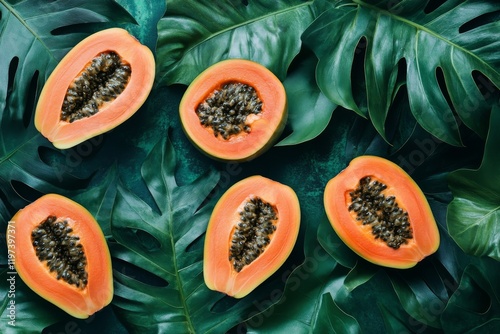 Freshly sliced papaya on green tropical leaves in a vibrant composition