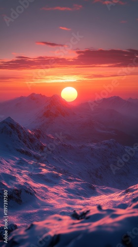 Sun setting over mountain range creating a vibrant skyline at dusk