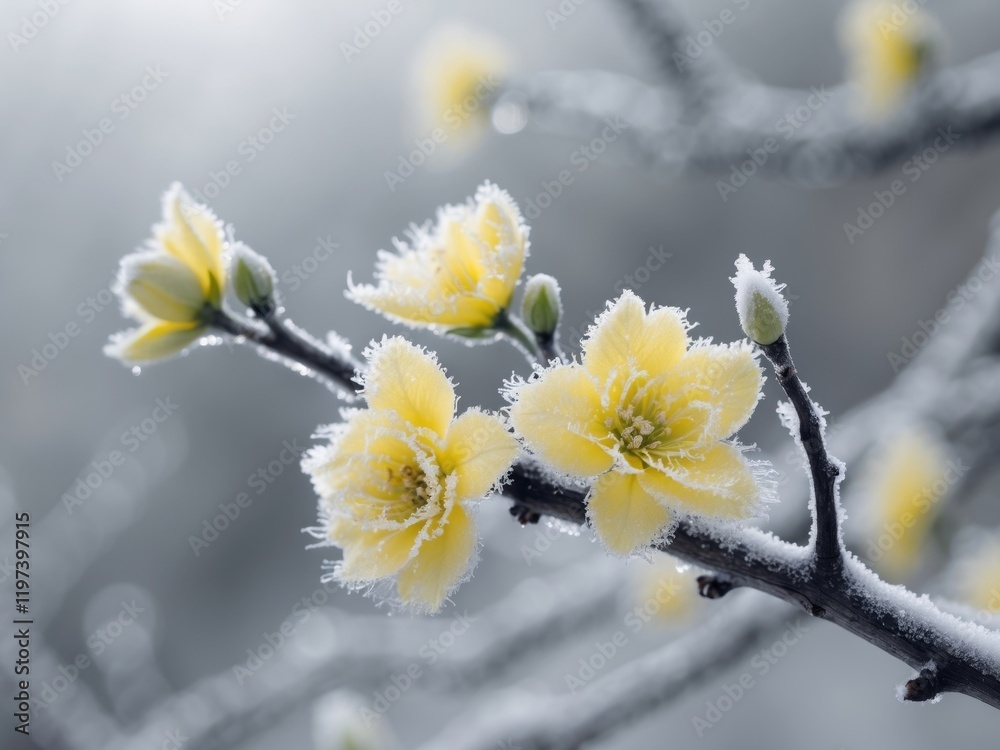 Delicate Frozen Yellow Flowers Winter Bloom Branch Nature Delicate Frozen Yellow Flowers Winter Bloom Branch Nature