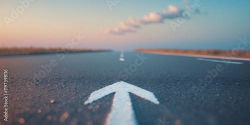 Asphalt Road with White Arrow Forward Symbolizing Motivation and Progress in Golden Hour Lighting