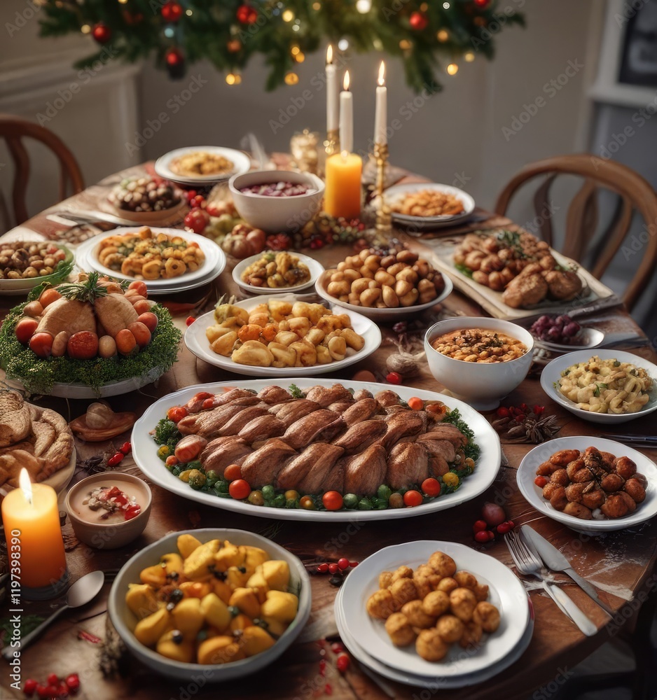 A festive holiday dinner table with a delicious spread of food , joyous occasion, spread, merry gathering A festive holiday dinner table with a delicious spread of food , joyous occasion, spread, merry gathering