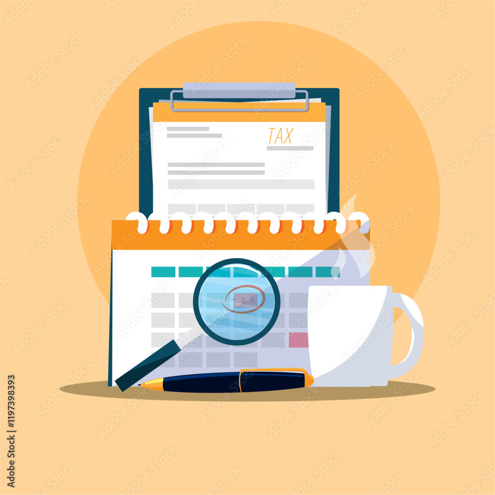 Vector image of scattered documents on a table with a yellow background Vector image of scattered documents on a table with a yellow background
