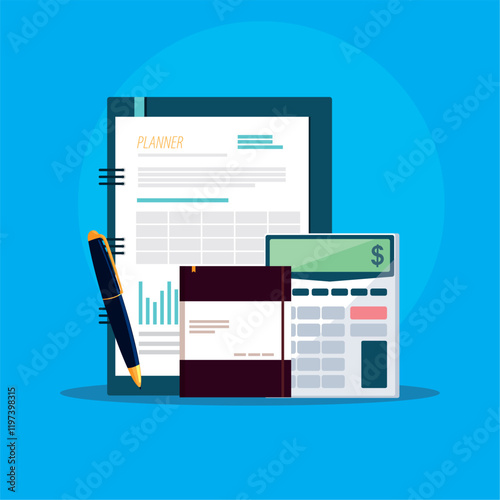 Vector image of accounting documents on a blue background