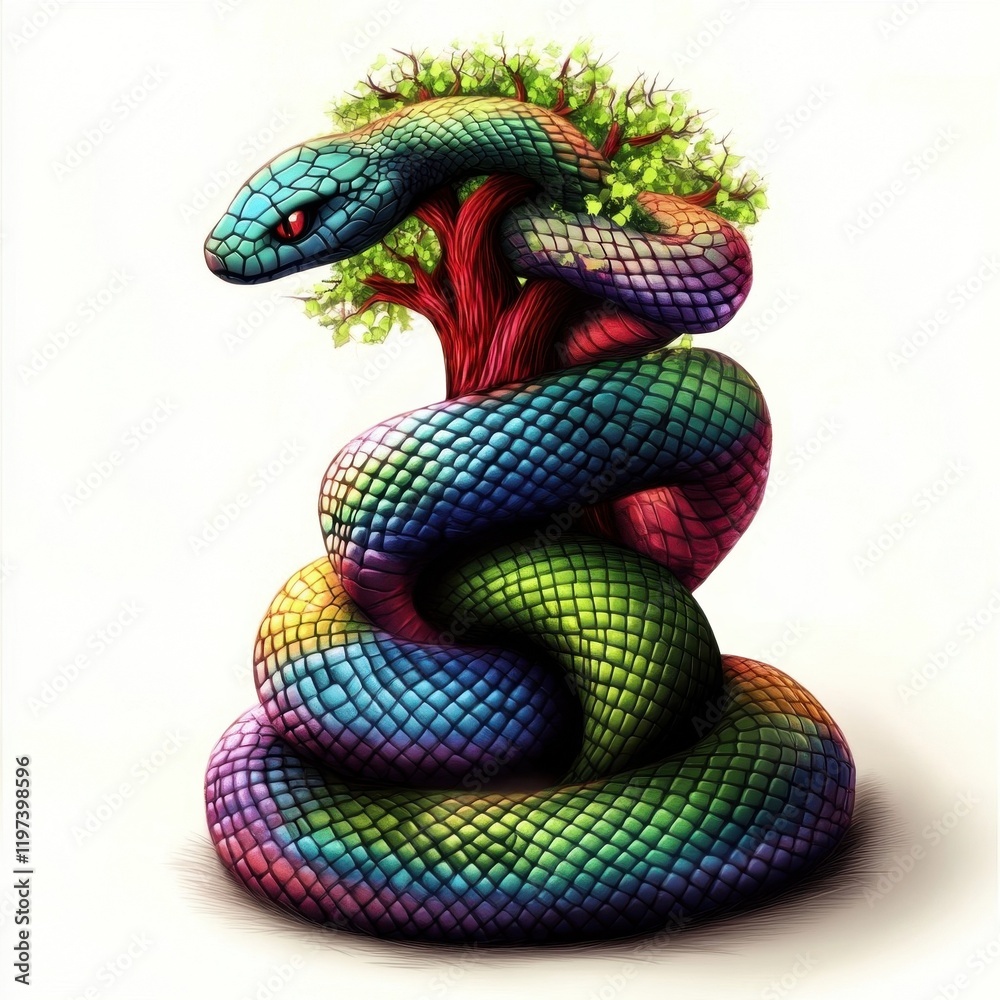 Obraz premium A colorful serpent entwined around a stylized tree.