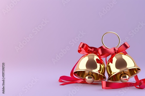 pair of Huge glossy shiny 3d golden Christian Christmas jingle bells with red ribbons patterns,Tin Christmas bell ornamentsred podium, pale violet background photo