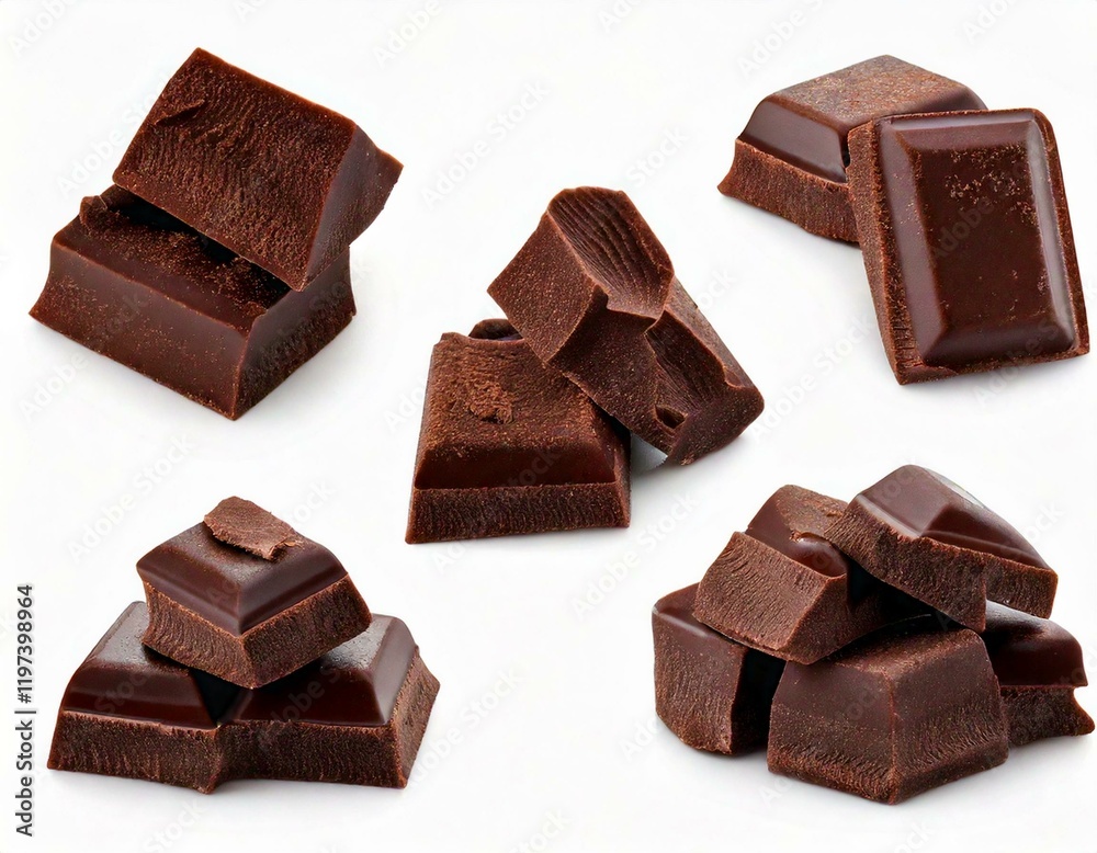Dark chocolate chunks isolated on white background. Collection. Dark chocolate chunks isolated on white background. Collection.