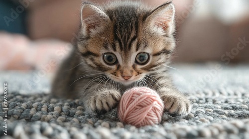 Playful kitten exploring a ball of yarn on a soft rug indoors