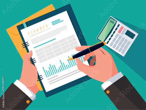 Vector image of accounting documents on a green background