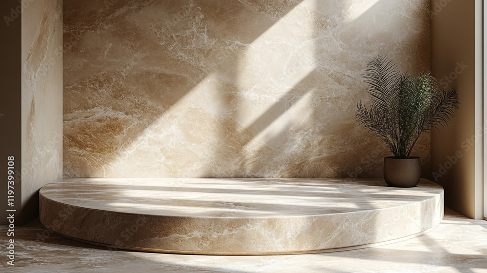 Soft Neutral Minimalist Sunlit Interior with Textured Walls and Circular Platform