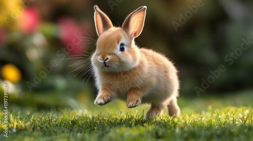 Small rabbit exploring green grass in a sunny park during late afternoon