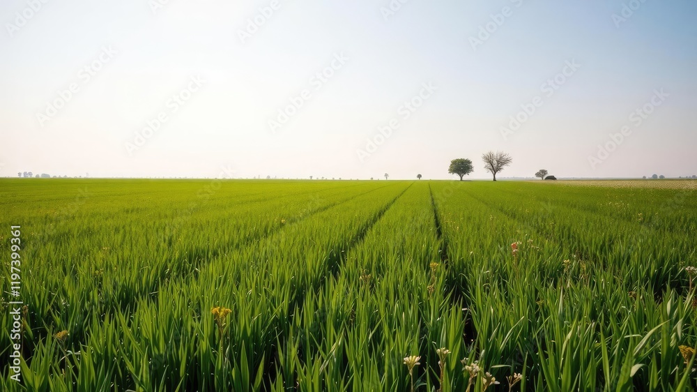 Obraz premium A field of green grass stretching towards a distant horizon line with a few trees and flowers scattered throughout, open space, natural light