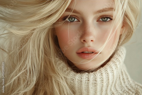 Portrait of a young woman with flowing blonde hair wearing a cozy knit sweate...