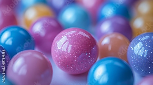 Colorful water beads in pink and blue arranged closely, showcasing texture an...