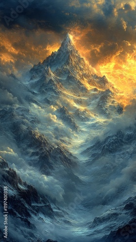 Majestic mountain landscape under dramatic clouds and sunset glow