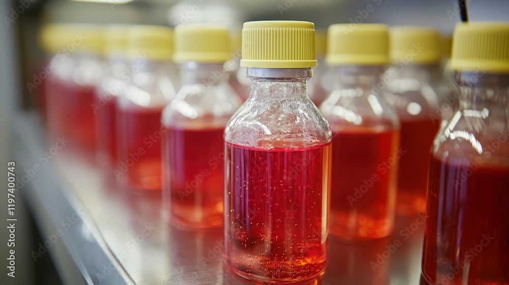 Rows of Red Liquid in Clear Bottles with Yellow Caps in a Laboratory Setting Rows of Red Liquid in Clear Bottles with Yellow Caps in a Laboratory Setting