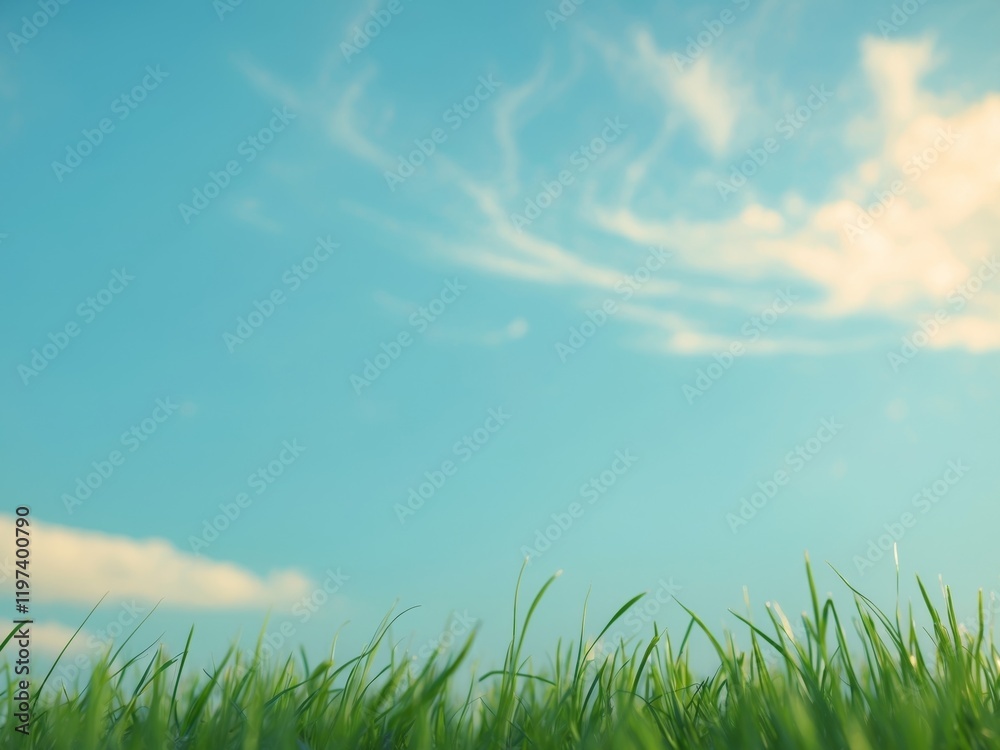 Fototapeta premium Fresh Green Grass Under Bright Blue Sky with Soft White Clouds Above
