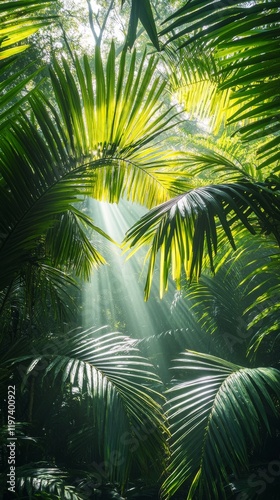 Bright sunlight filters through lush greenery in a tropical forest pathway du...