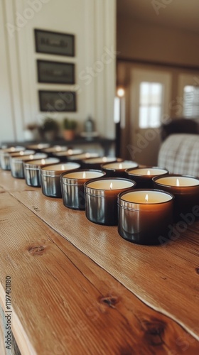 Colorful candles arranged on wooden shelf in cozy indoor setting
