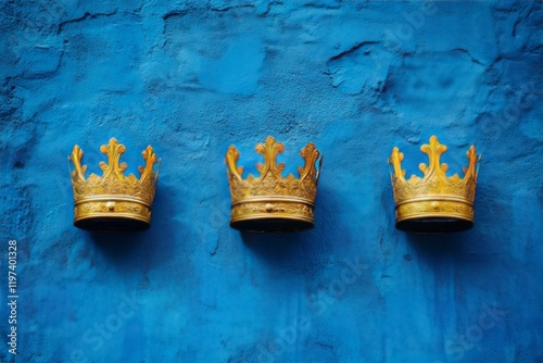 Golden crowns arranged elegantly on a blue textured background for decor or d...