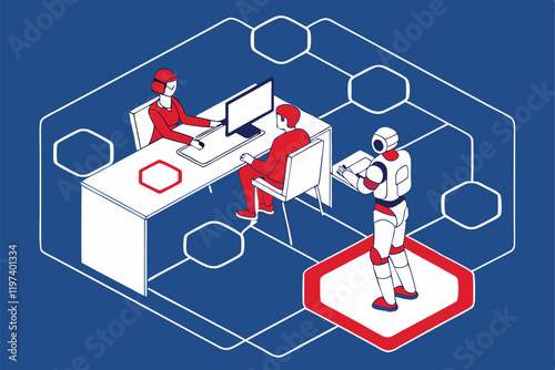 Humans and robots working together, office setting, blue background, flat illustration style, minimalist design, collaborative workspace, AI and human interaction, futuristic workplace, contrasting re
