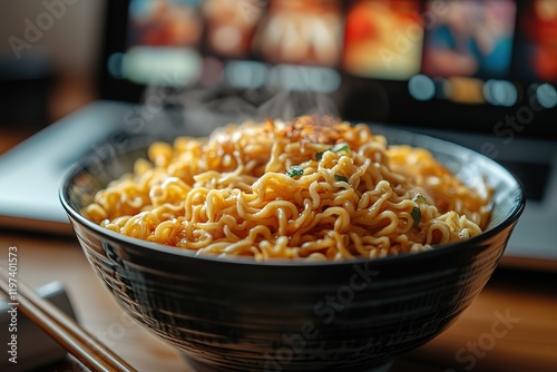 Steaming bowl of noodles, perfect comfort food for a relaxing evening.