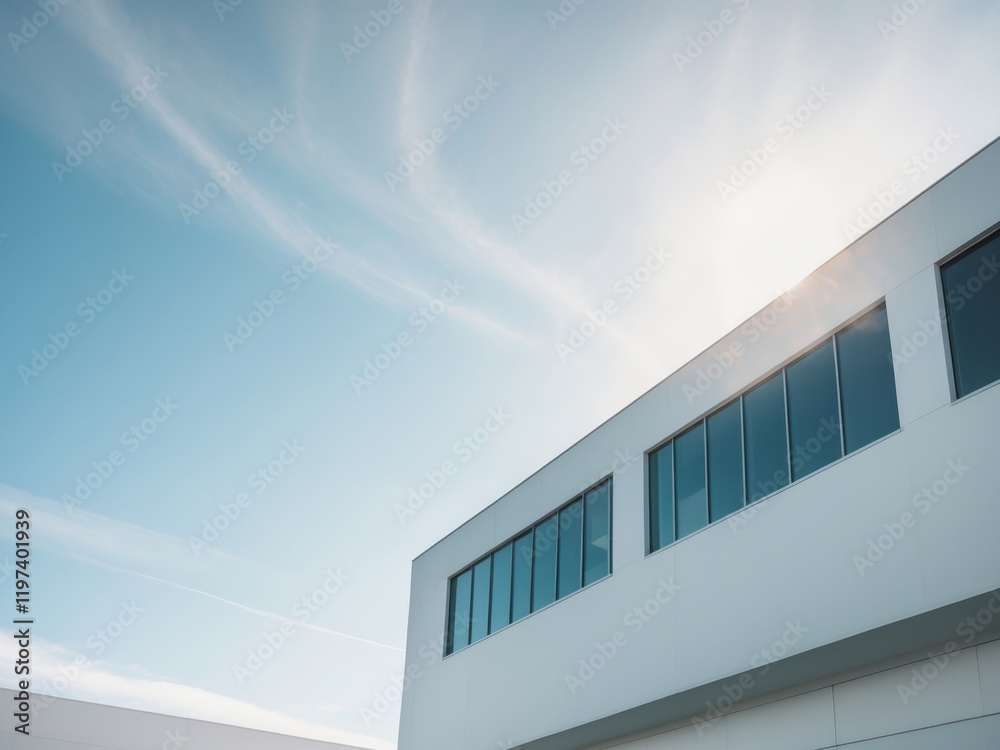 Fototapeta premium Modern industrial building exterior with large windows under clear sky